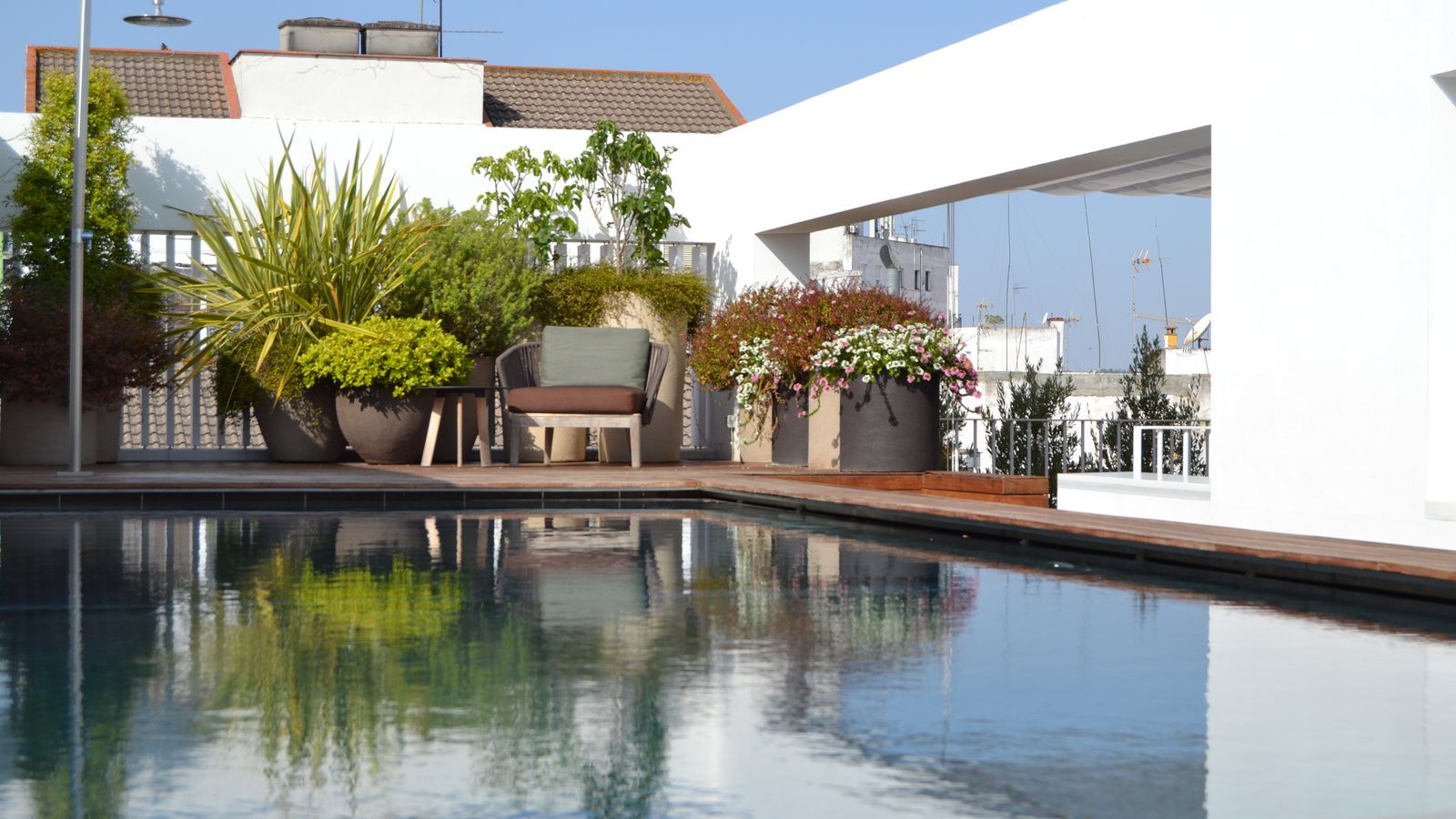 hotel mercer sevilla outdoor pool terrace with chairs and plants