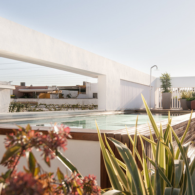 Outdoor terrace with plants on the rooftop of Hotel Mercer Sevilla